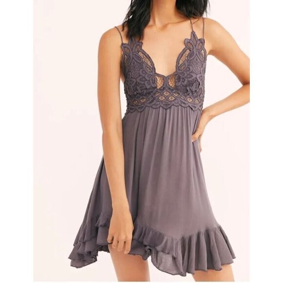 Free People Dress Womens Small Charcoal Gray Adella Slip Crochet Ruffle Boho - Picture 1 of 10